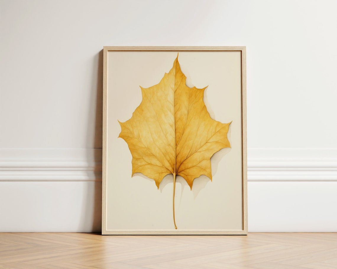 Single Golden Tulip Poplar Leaf Minimal Botanical Autumn Art Poster