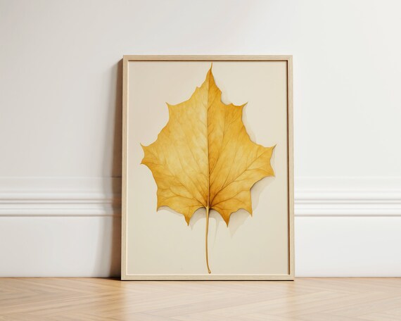 Single Golden Tulip Poplar Leaf Minimal Botanical Autumn Art Poster