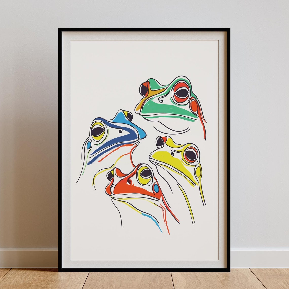 Four Colorful Frog Faces Matisse Style Line Art Poster Whimsical