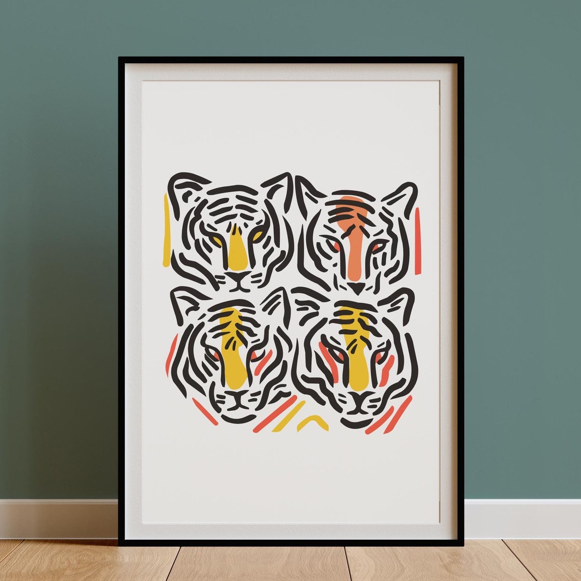 Four Tiger Faces Bold Outline Two By Two Grid Poster Jungle Cats
