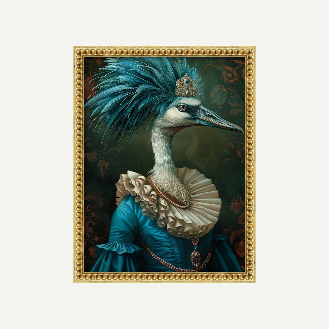 Regal Victorian Bird Portrait Crown Feathered Maximalist Wall Art