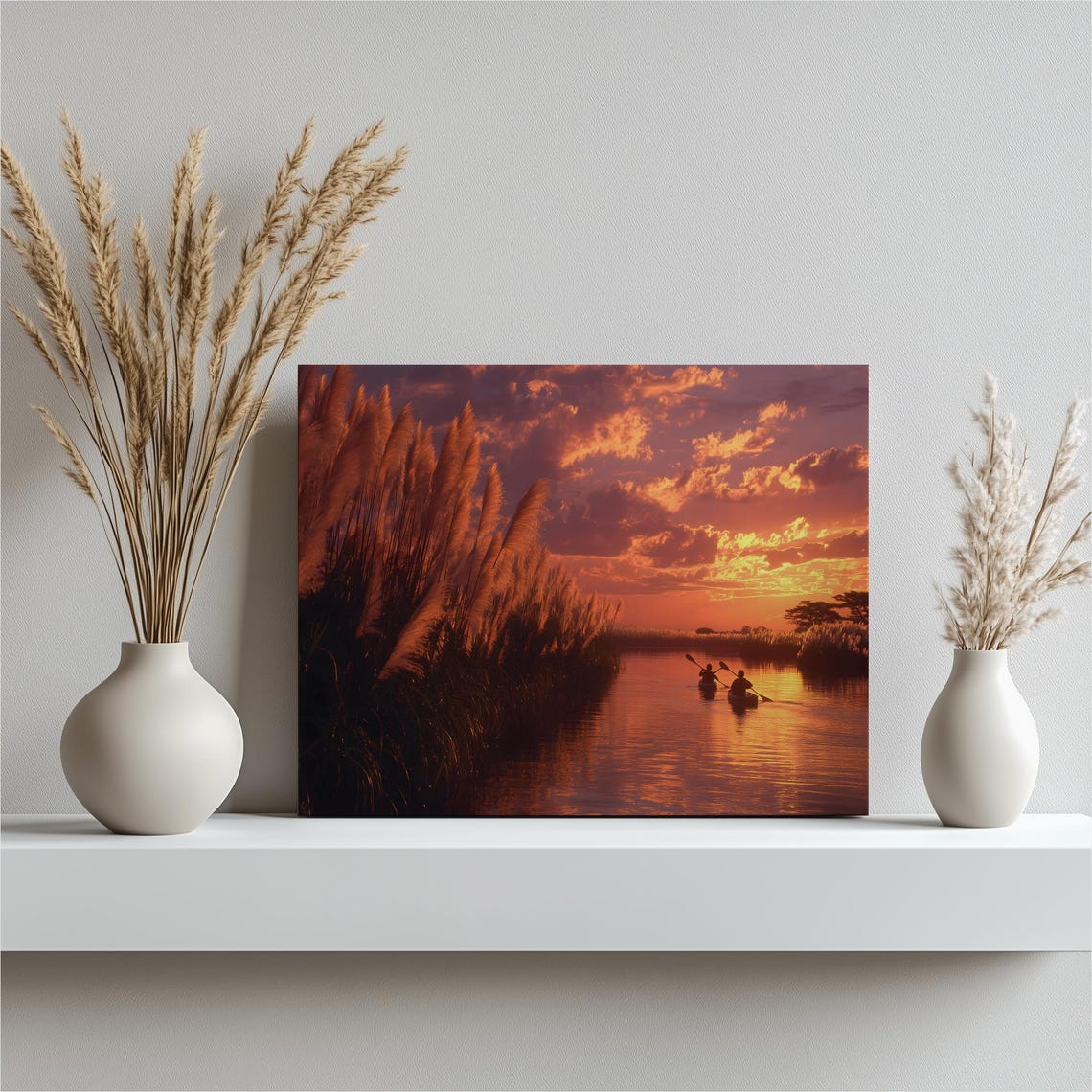 Sunset Kayak Marsh Canvas Wall Art Colorful River Reflection Silhouette Orange Purple Sky Rustic Impressionist Landscape Print Decor