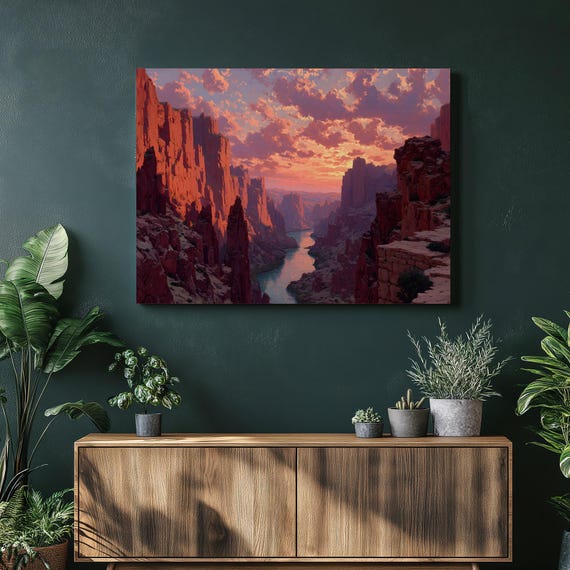 Sunset Canyon River Canvas Wall Art Colorful Red Rock Landscape Print Desert Decor With Winding Painting Nature Gift