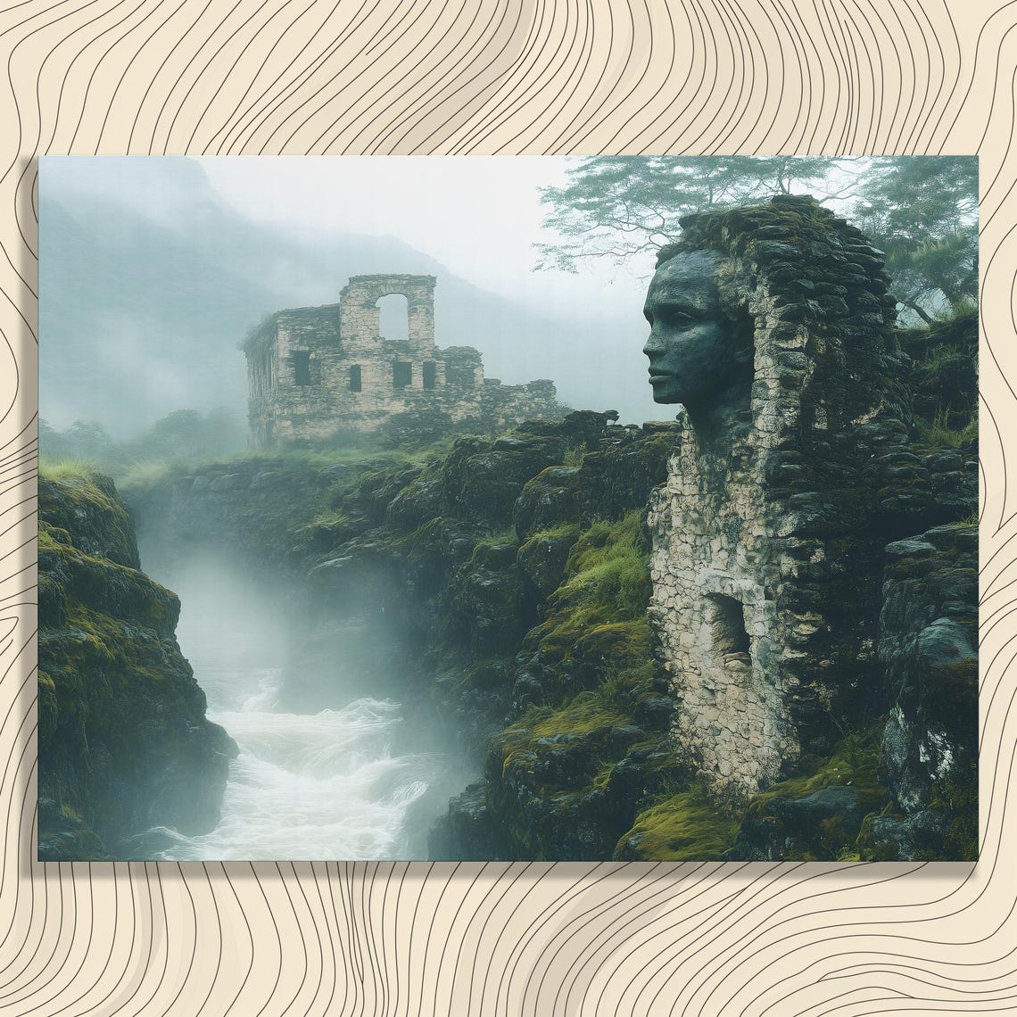 Surreal Mossy Ruins Giant Stone Face Waterfall Gorge Wall Art