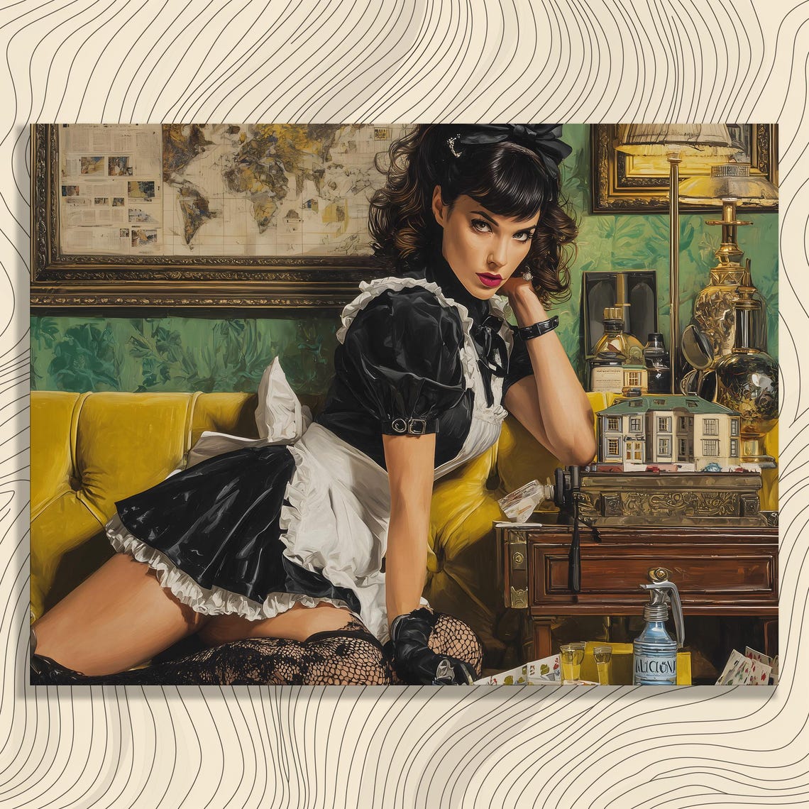 Vintage Pin Up Maid Black Dress Yellow Couch Retro Pinup Art Poster