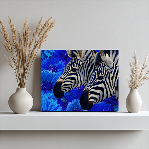 Colorful Zebra Cornflower Canvas Wall Art Boho Botanical Safari Wildlife Blue Flower Nature Decor Modern Animal Painting Eclectic Striped