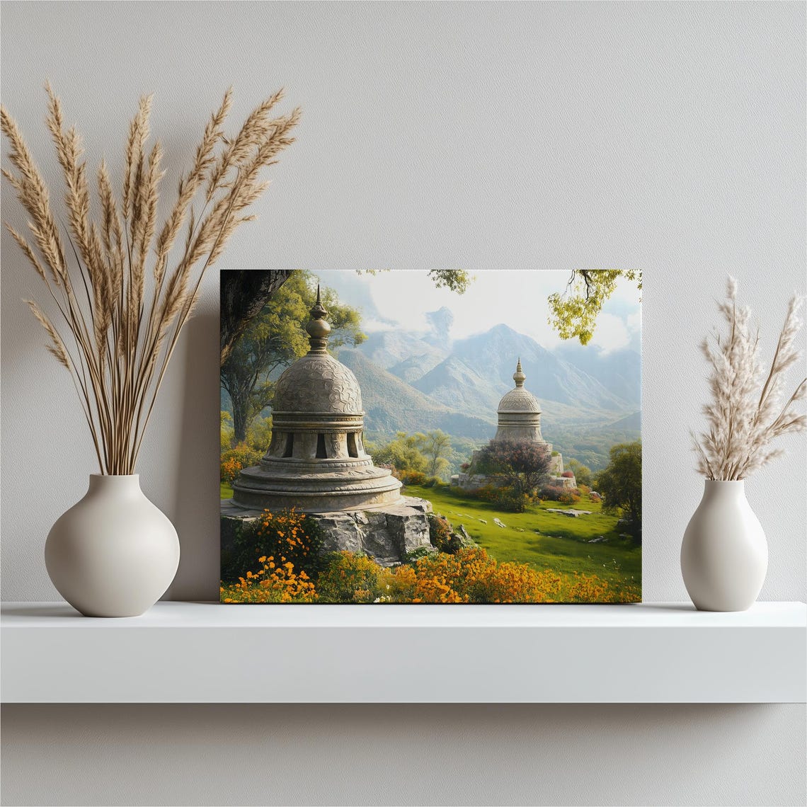 Buddhist Stupa Landscape Canvas Wall Art Serene Ancient Temples In A Lush Mountain Valley Tranquil Nature Scenery For Zen Meditation Deco