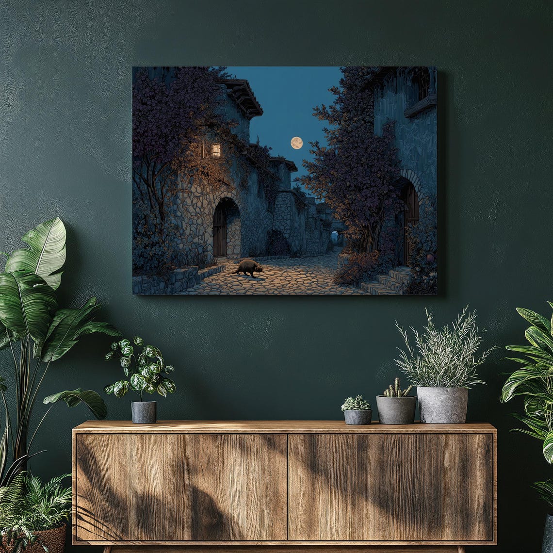 Medieval Village Canvas Wall Art Moonlit Cobblestone Path Badger Print Rustic Night Street Decor Gothic Illustrative Historic Landscape