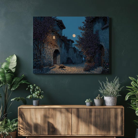 Medieval Village Canvas Wall Art Moonlit Cobblestone Path Badger Print Rustic Night Street Decor Gothic Illustrative Historic Landscape