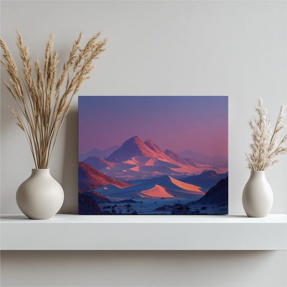 Colorful Desert Dunes Canvas Wall Art Surreal Sunset Sand And Mountain Range Under Pink Purple Twilight Sky Nature Print Decor