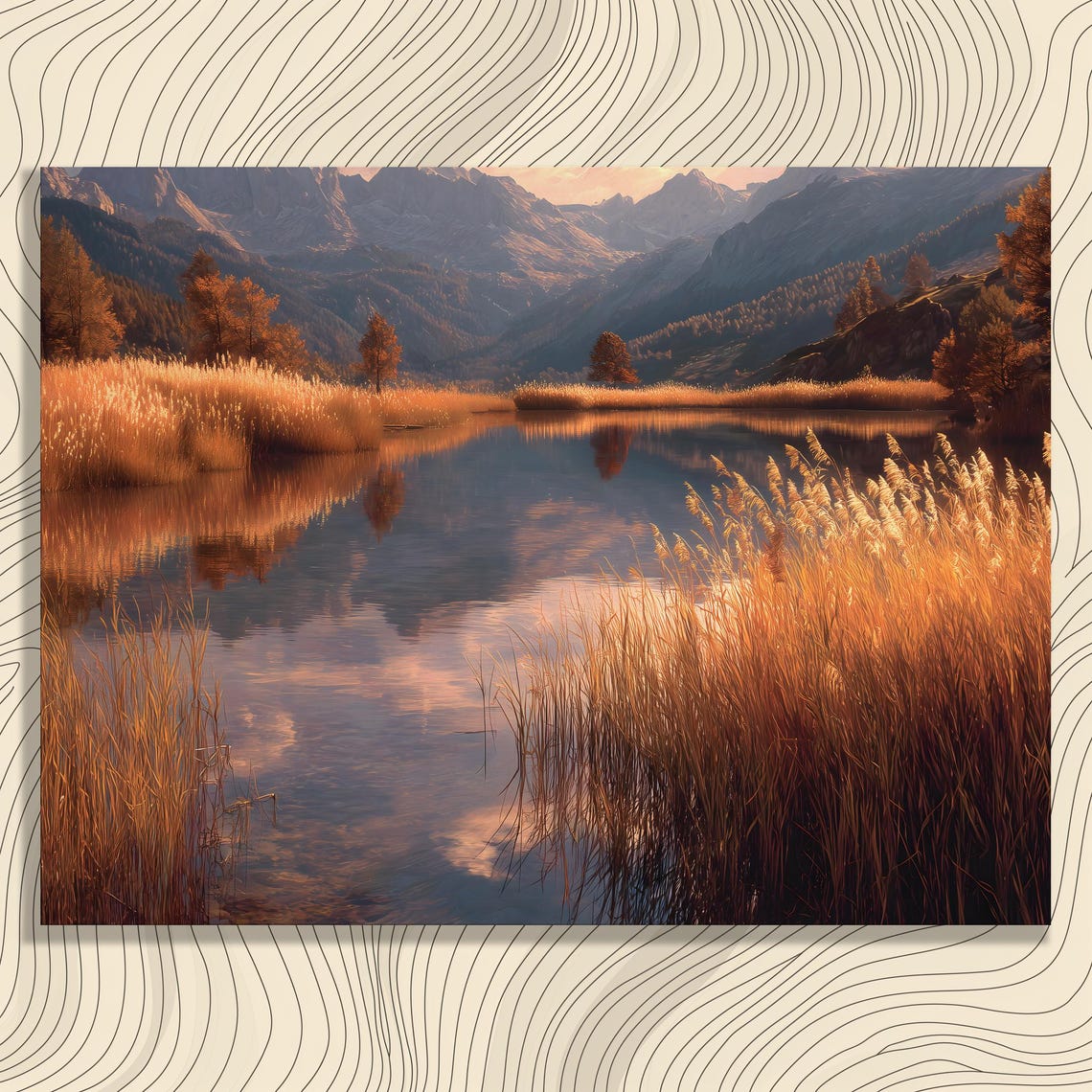Mountain Lake Reflection Autumn Reeds Rustic Landscape Nature Wall Art