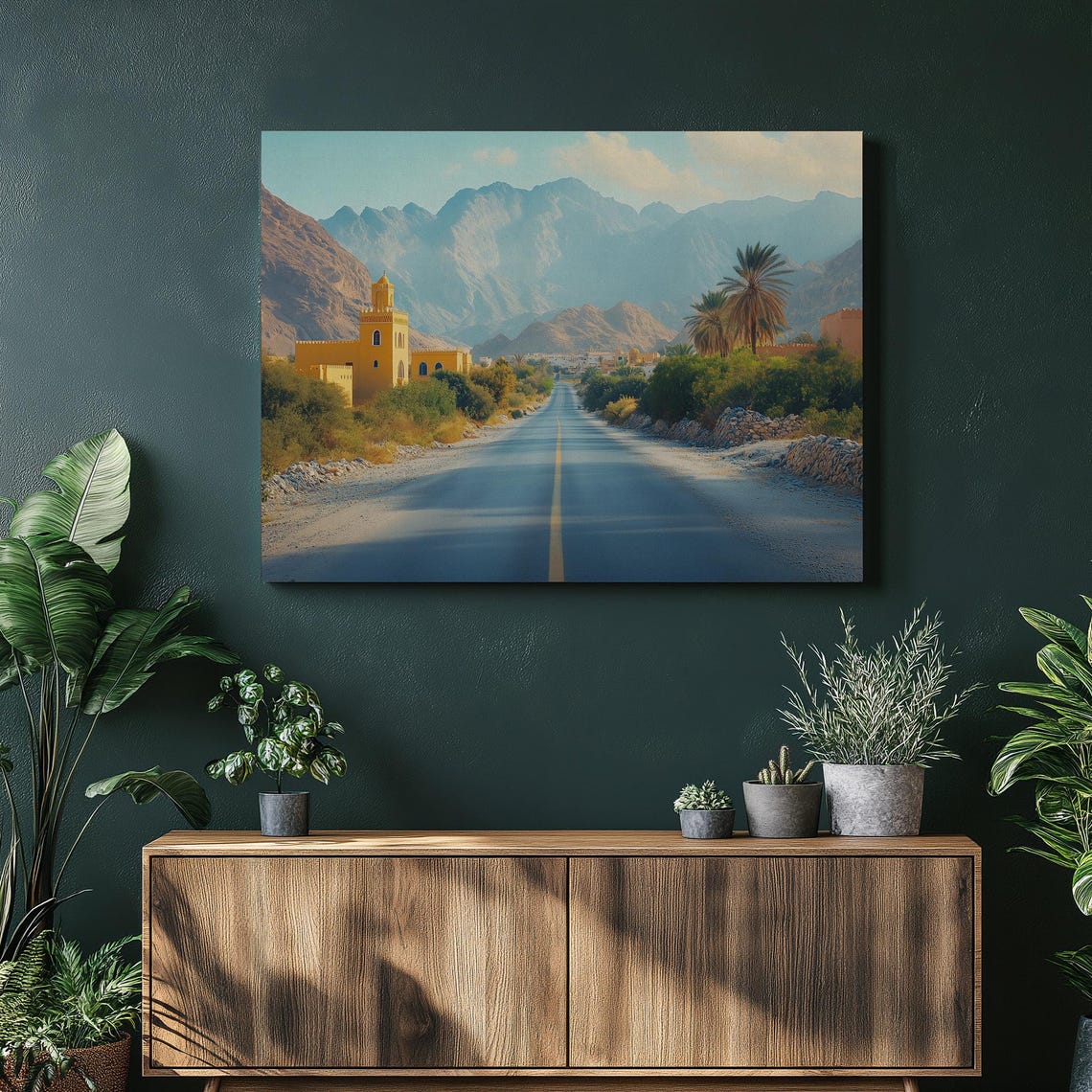 Desert Highway Golden Mosque Mountain Oasis Palm Tree Poster