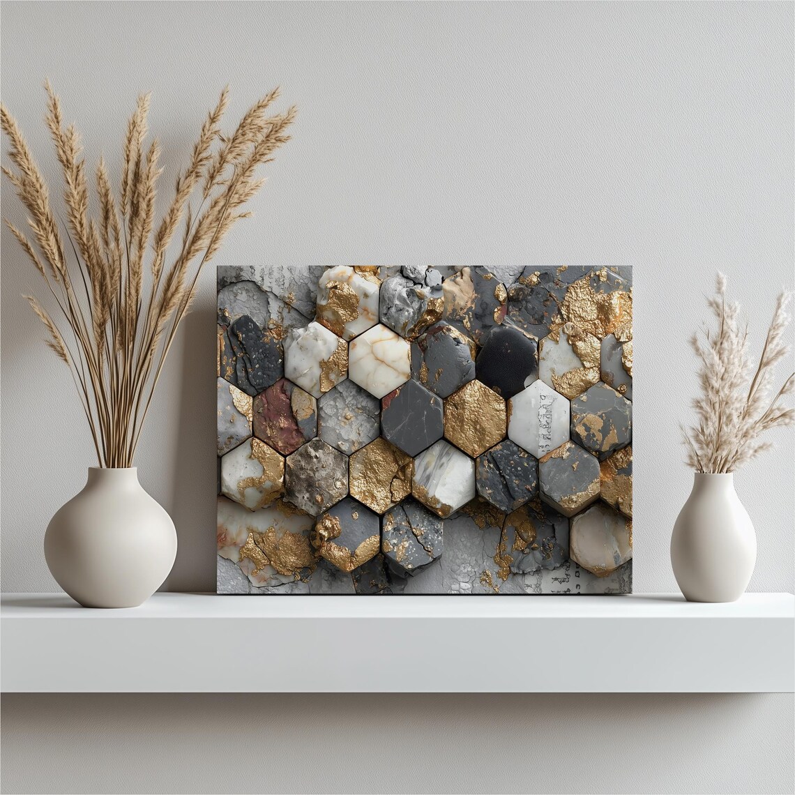 Geometric Honeycomb Hexagon Marble Gold Leaf Modern Abstract Wall Poster