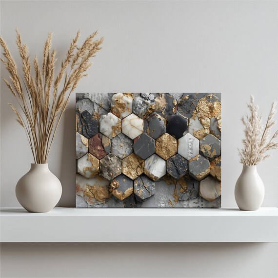 Geometric Honeycomb Canvas Wall Art Hexagon Mosaic Marble Texture Gold Leaf Modern Home Decor Print Abstract Painting Gift