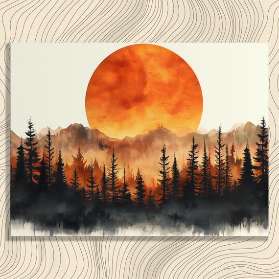 Sunset Forest Canvas Wall Art Large Orange Sun Over Misty Mountains With Pine Silhouettes And Lake Reflection Nature Decor Print
