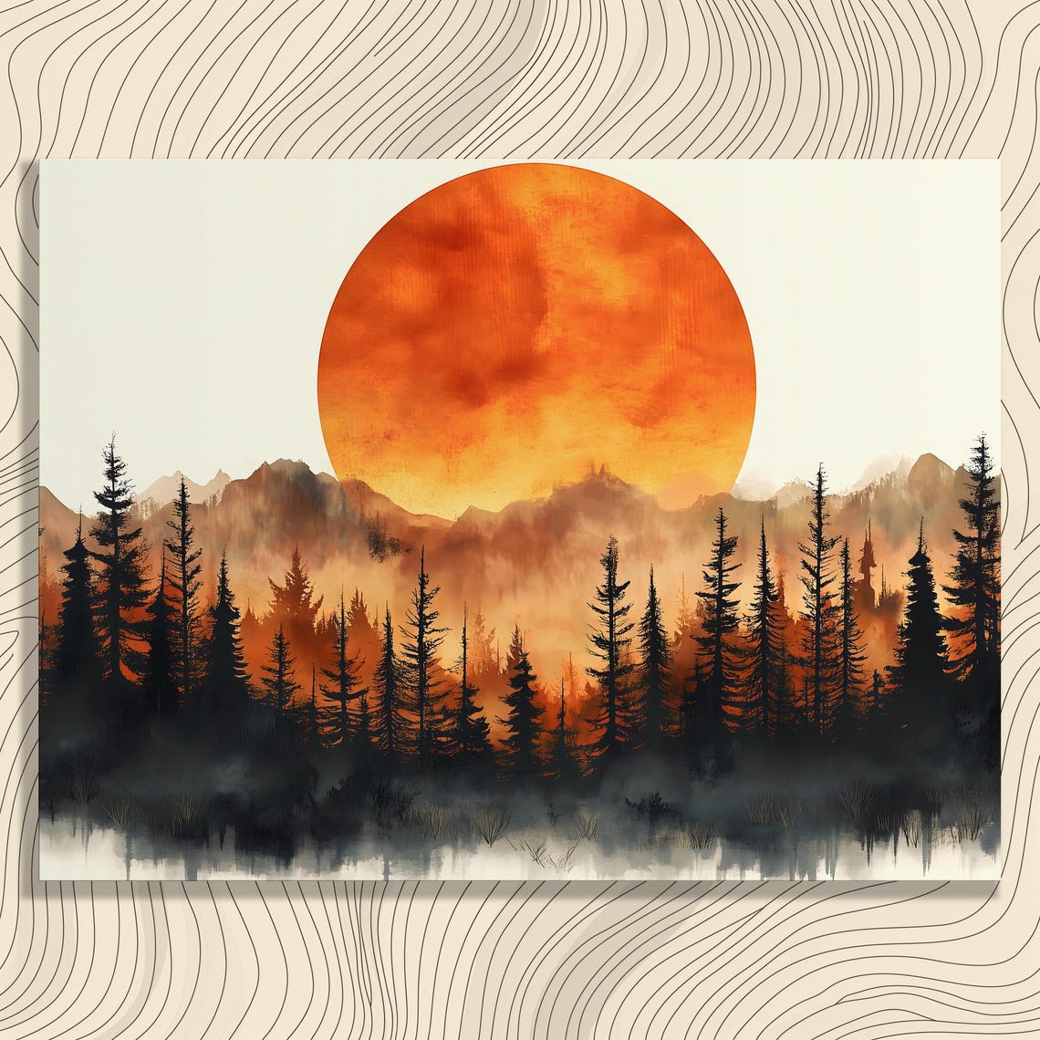 Sunset Forest Orange Sun Misty Pine Mountains Canvas Wall Art