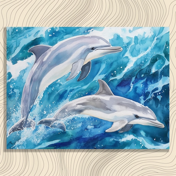 Playful Dolphins Watercolor Painting Vibrant Ocean Scene Poster
