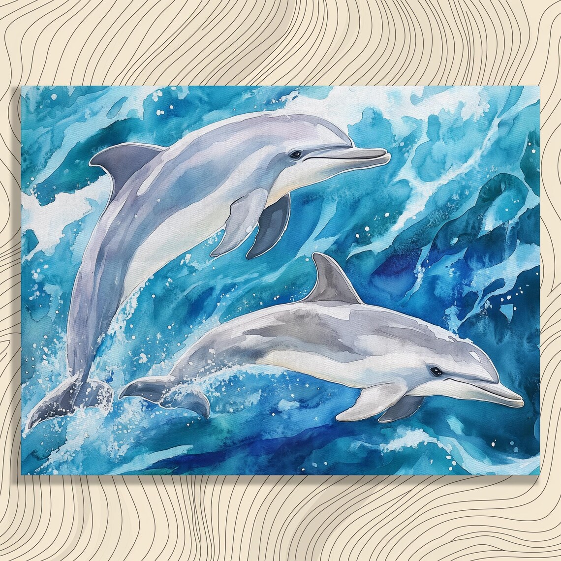 Playful Dolphins Watercolor Painting Vibrant Ocean Scene Poster