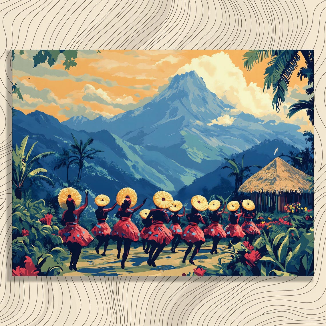 Tropical Mountain Village Dancers Straw Hats Festival Scene Wall Art