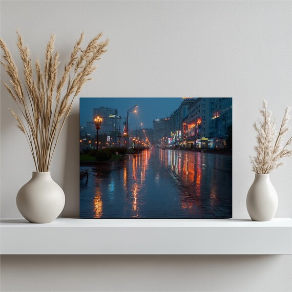 Neon Rain Cityscape Canvas Wall Art Moody Urban Night Street Lights Reflections In Print Modern Decor Painting Gift