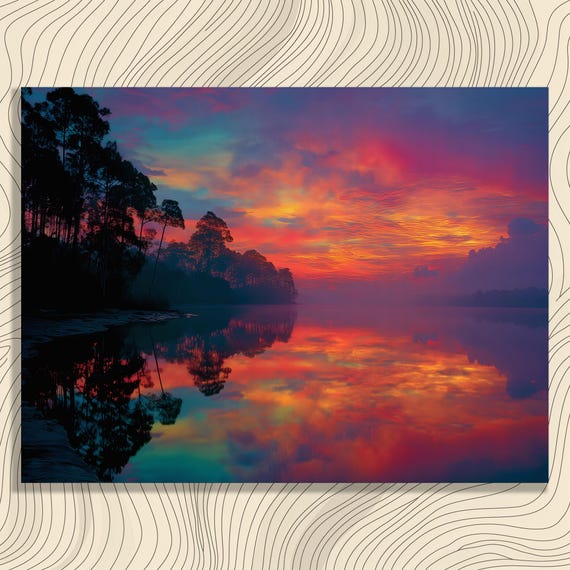 Colorful Sunset Lake Canvas Wall Art Reflective Shoreline With Silhouette Trees Vibrant Sky Hues Impressionist Landscape Print