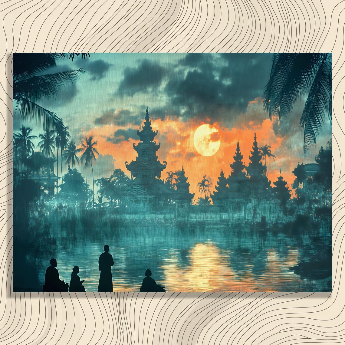 Bali Temple Sunset Full Moon Tropical Palm Trees Silhouette Art Poster