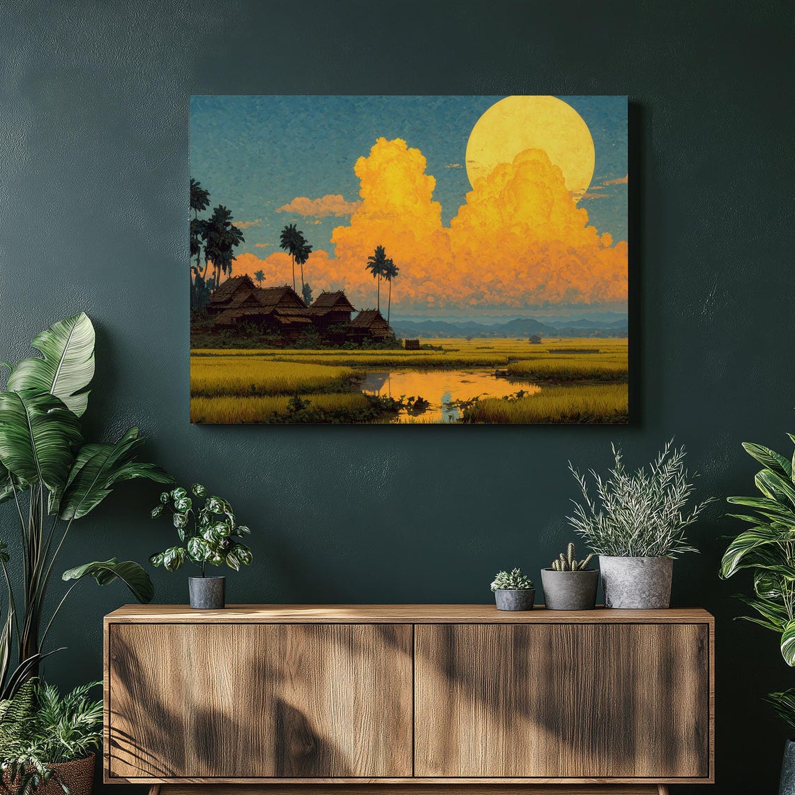 Tropical Rice Fields Golden Moon Sunset Landscape Painting Poster