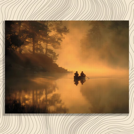 Misty Sunrise Canoe Canvas Wall Art Minimalist Nature Decor Lake Reflection Print Silhouette Paddling Scene Serene Forest Water
