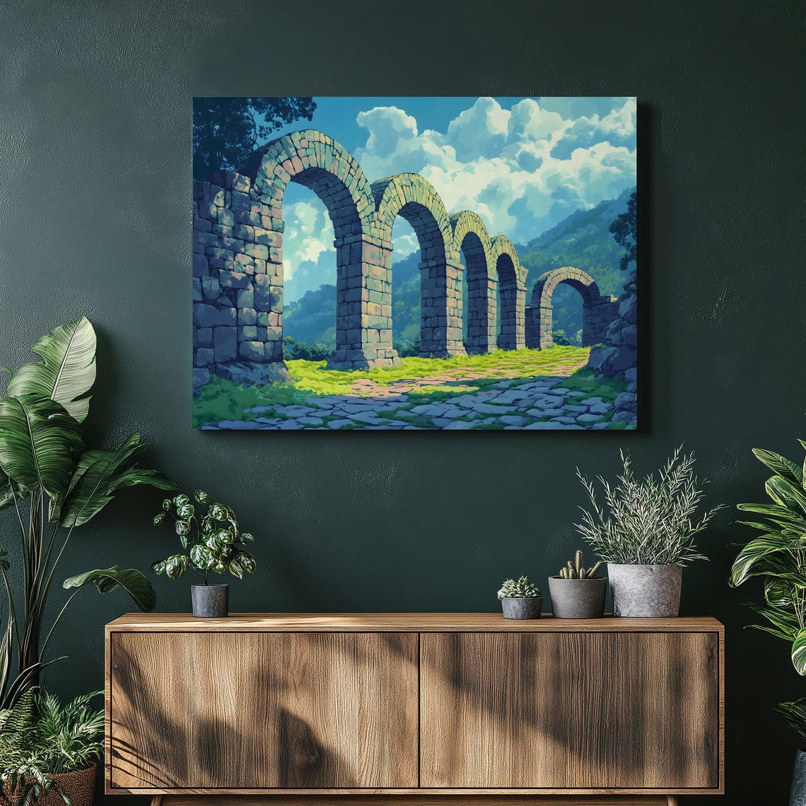 Old Roman Stone Aqueduct Arches Crossing a Green Valley Poster