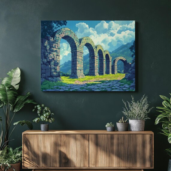 Old Roman Stone Aqueduct Arches Crossing a Green Valley Poster