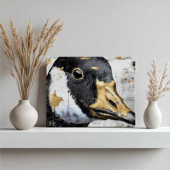 Goose Portrait Canvas Wall Art Black White Gold Accents Wildlife Print Modern Country Style Minimalist Animal Artwork Nature Bird Decor