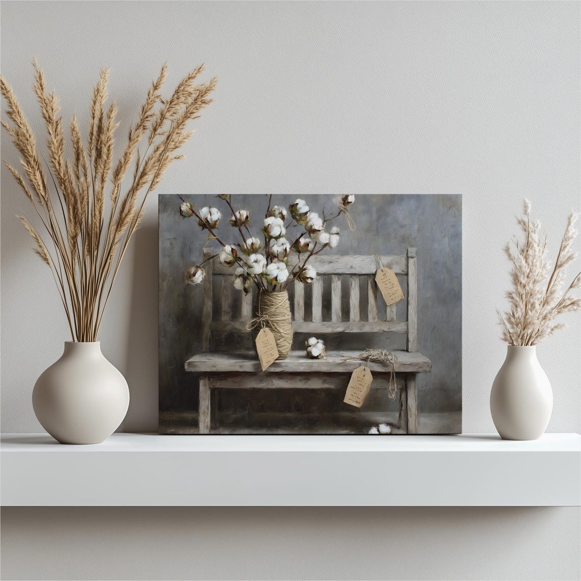 Farmhouse Cotton Stems Vase Rustic Bench Neutral Still Life Wall Art