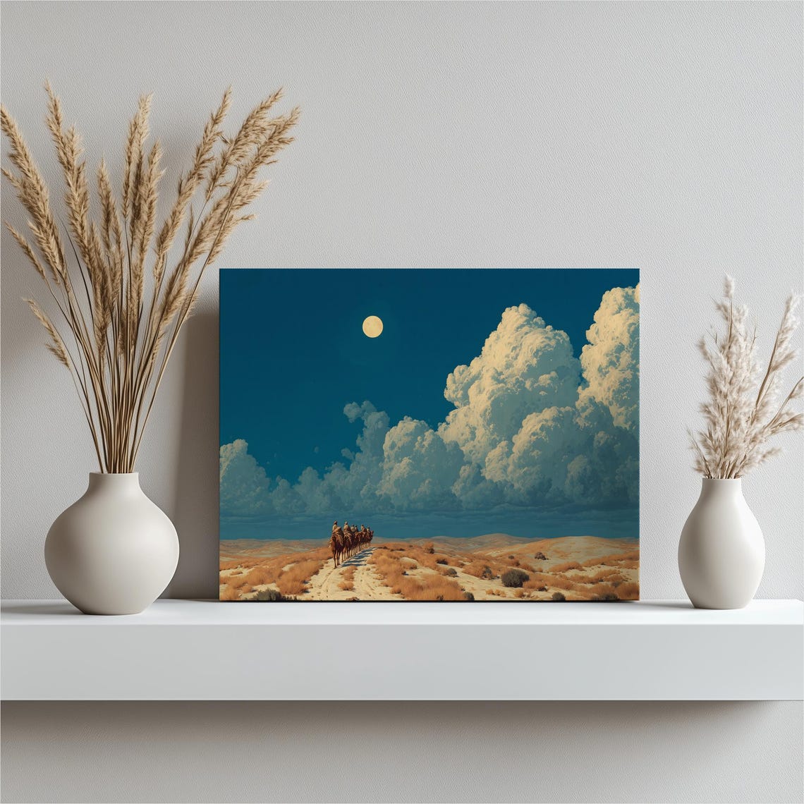 Desert Caravan Canvas Wall Art Moonlit Sky With Full Moon Dunes Clouds Camel Silhouettes Travel Gift Large Landscape Print