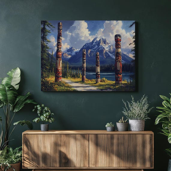 Canada Canvas Wall Art Nostalgic Banff Totem Poles High Detail Oil Painting Illustration Nature Scenery Home Decor Inexpensive Hanging