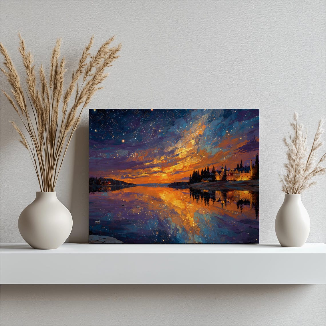 Lakeside Sunset Starry Milky Way Village Reflection Art Poster