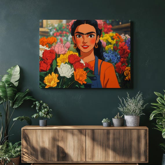 Floral Portrait Canvas Wall Art Vibrant Woman With Bouquet Illustration In A Flower Market Scene Botanical Decor Print For Gifting