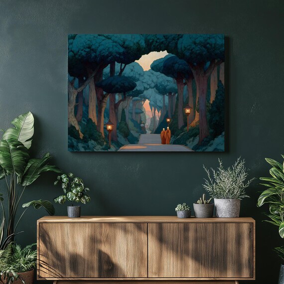 Serene Forest Walkway Canvas Wall Art Dusk Sky Lanterns And Monks Tranquil Zen Decor Pine Winding Path With Paper