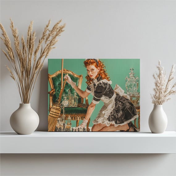 French Maid Chess Canvas Wall Art Retro Photorealistic Green Velvet Armchair Chessboard Silver Tea Set Decor Gift Print Painting