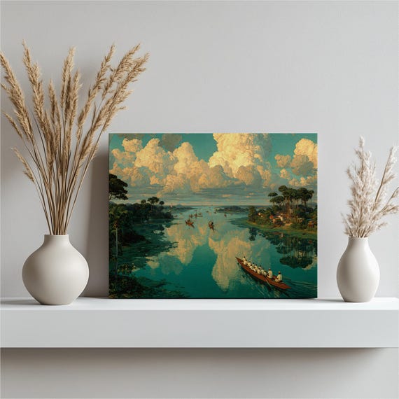 Serene Tropical River Canvas Wall Art Sunset Palm Trees Canoe Water Reflection Golden Clouds Landscape Print Coastal Decor Gift