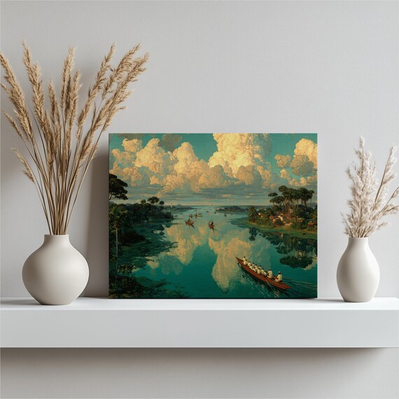 Tropical River Sunset Palm Trees Canoe Paddle Reflection Poster