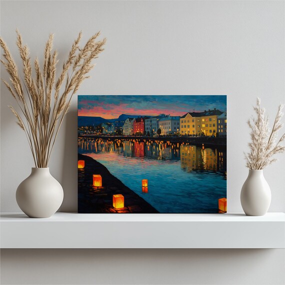 Lantern River Cityscape Canvas Wall Art Colorful Dusk Scene With Glowing Paper Lanterns Sunset Water Reflections European Village