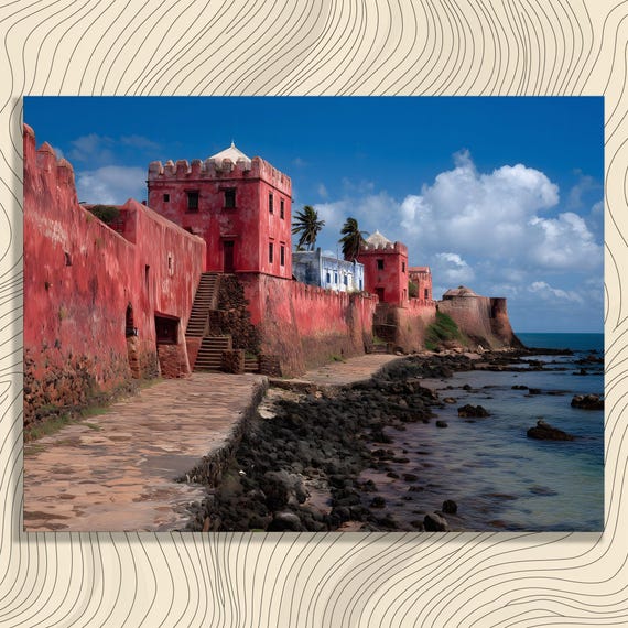 Tropical Coastal Fortress Canvas Wall Art Historic Red Castle Seascape Ocean View Beach Scenery Decor Travel Photography Print