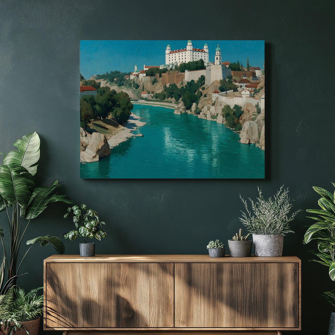 White Castle Above Bright Turquoise River Cliff Landscape Poster