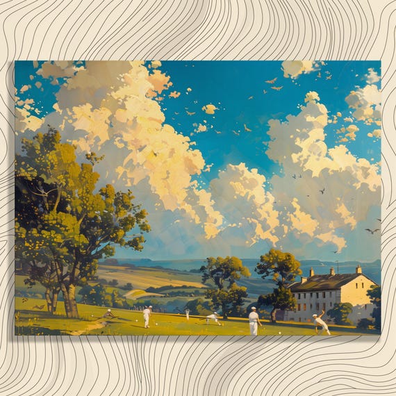 English Countryside Cricket Canvas Wall Art Sunlit Rural Landscape With Farmhouse Rolling Hills And Players Under Dramatic Blue Sky