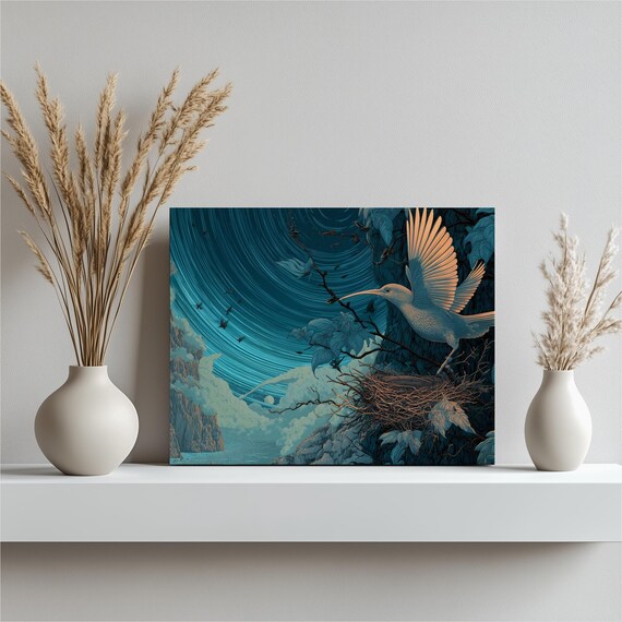 Bird Nest Night Sky Canvas Wall Art Surreal Star Gazing Mountain Lake Landscape Nature Print Modern Blue Orange Contemporary