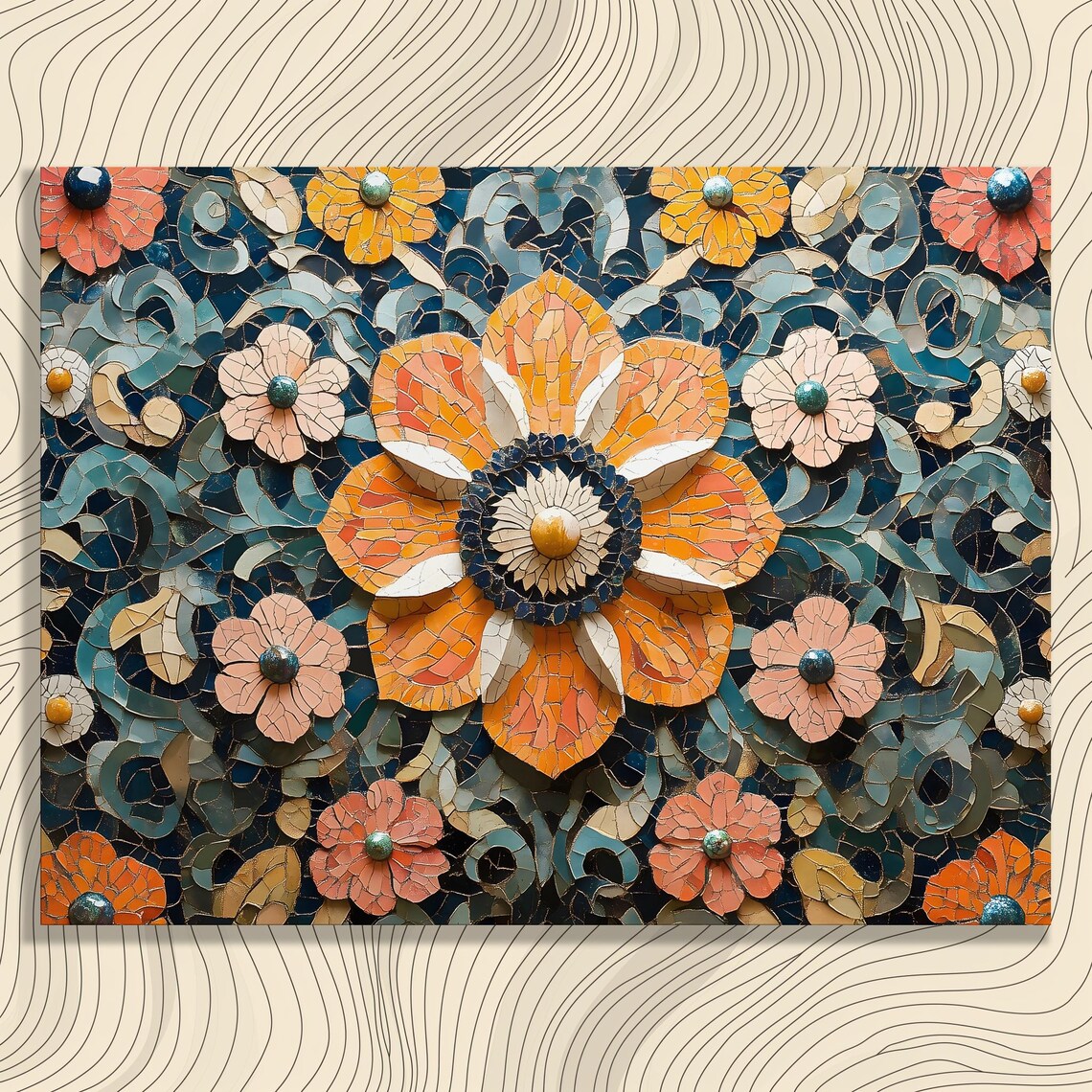 Orange Blossom Mosaic Floral Tile Bohemian Flower Pattern Poster