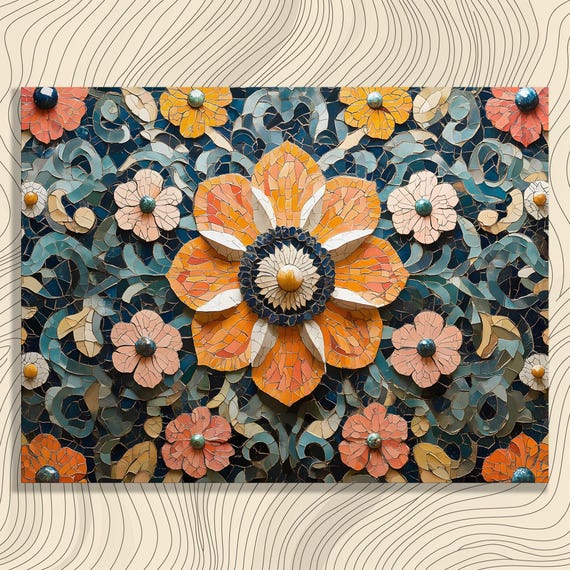 Vibrant Mosaic Floral Canvas Wall Art Colorful Bohemian Eclectic Flower Garden Pattern Print Unique Handmade Nature Botanical Decor Gift