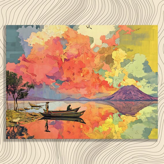 Vibrant Sunset Mountain Canvas Wall Art Colorful Landscape Print Painting Clouds Boats Reflection Lake Decor Gift For Nature Lovers