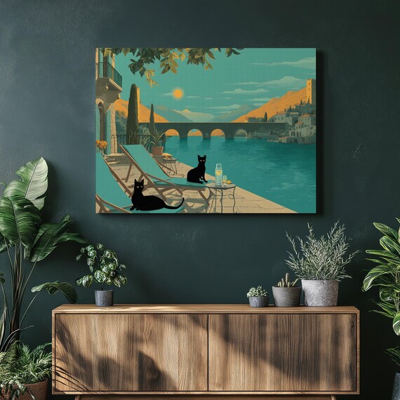Black Cats Lakeside Sunset Vintage Travel Style Mediterranean Terrace Print