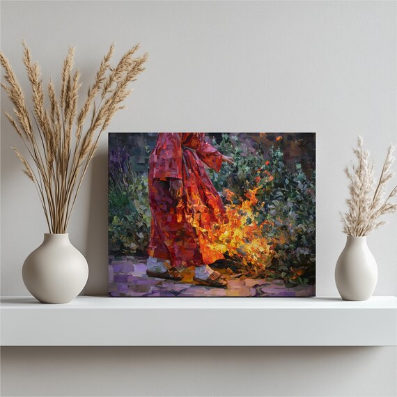 Burning Bush Canvas Wall Art Vibrant Biblical Decor With Fiery Flame Print Red Robe Painting Impasto Mosaic Piece